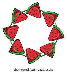 Round symmetrical frame, triangular pieces of juicy watermelon, copy space, vector illustration in cartoon style on a white background