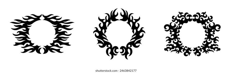 Round symmetrical frames in the style of Gothic ornament. Trendy neo-tribal tattoo design elements. Vector art