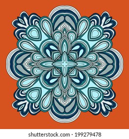Round symmetrical pattern in blue colors. Mandala. Kaleidoscopic design.