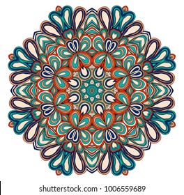 Round symmetrical pattern in blue, red, white and black colors. Mandala. Kaleidoscopic design. Cinco de mayo