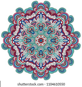 Round symmetrical pattern in blue, red, white and black colors. Mandala. Kaleidoscopic design. Cinco de mayo