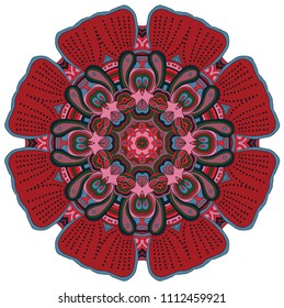 Round symmetrical pattern in blue, red, white and black colors. Mandala. Kaleidoscopic design. 