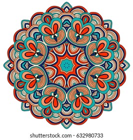Round symmetrical pattern in blue, red, white and black colors. Mandala. Kaleidoscopic design. Cinco de mayo