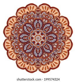 Round symmetrical pattern in brown, white and orange colors. Mandala. Kaleidoscopic design.