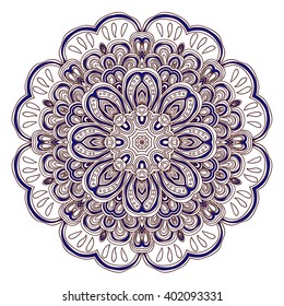 Round symmetrical pattern in brown, white and blue colors. Mandala. Kaleidoscopic design. Adult coloring book.