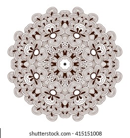 Round symmetrical pattern in brown and white colors. Mandala. Kaleidoscopic design. Sacred geometry. Vector.