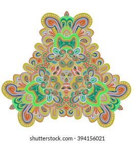 Round symmetrical pattern in green, blue and yellow colors. Mandala. Kaleidoscopic design.