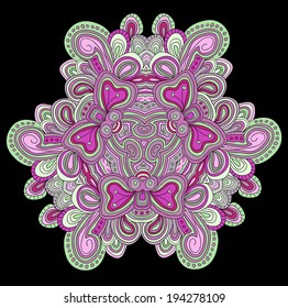 Round symmetrical pattern in green and pink colors. Mandala. Kaleidoscopic design. Sacred geometry. Zentagle. Zendala.