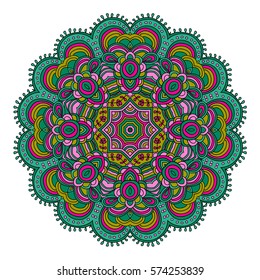Round symmetrical pattern in green and pink colors. Mandala. Kaleidoscopic design. Sacred geometry. Zentagle. Zendala.
