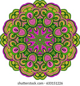 Round symmetrical pattern in green and pink colors. Mandala. Kaleidoscopic design. Mandala. Yoga.