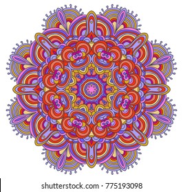 Round symmetrical pattern in green and pink colors. Mandala. Kaleidoscopic design. Sacred geometry. Zentagle. Zendala. Ultra violet.