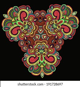 Round symmetrical pattern in green, red and brown colors. Mandala. Kaleidoscopic design. Sacred geometry. Cinco de mayo. Ethnic background.