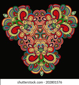 Round symmetrical pattern in green, red and brown colors. Mandala. Kaleidoscopic design.