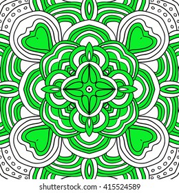 Round symmetrical pattern in green and white colors. Mandala. Kaleidoscopic design. Can be used as adult coloring book, tile pattern, textile tracery.