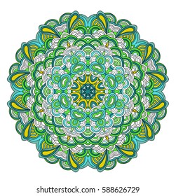 Round symmetrical pattern in green and yellow colors. Mandala. Kaleidoscopic design. Sacred geometry. Zentagle. Zendala.