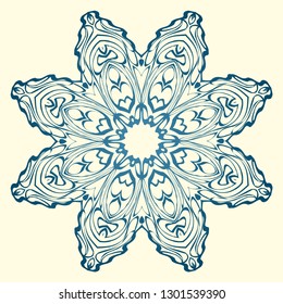 Round Symmetrical Pattern. Mandala. Kaleidoscopic Design. Vector Illustration. Oriental Pattern. Indian, Moroccan, Mystic, Ottoman Motifs. Anti-Stress Therapy Pattern. Blue, milk color.