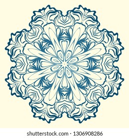 Round Symmetrical Pattern. Mandala. Kaleidoscopic Design. Vector Illustration. Oriental Pattern. Indian, Moroccan, Mystic, Ottoman Motifs. Anti-Stress Therapy Pattern. Blue, milk color.