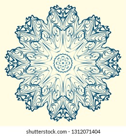 Round Symmetrical Pattern. Mandala. Kaleidoscopic Design. Vector Illustration. Oriental Pattern. Indian, Moroccan, Mystic, Ottoman Motifs. Anti-Stress Therapy Pattern. Blue, milk color.