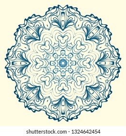 Round Symmetrical Pattern. Mandala. Kaleidoscopic Design. Vector Illustration. Oriental Pattern. Indian, Moroccan, Mystic, Ottoman Motifs. Anti-Stress Therapy Pattern. Blue, milk color.