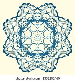 Round Symmetrical Pattern. Mandala. Kaleidoscopic Design. Vector Illustration. Oriental Pattern. Indian, Moroccan, Mystic, Ottoman Motifs. Anti-Stress Therapy Pattern. Blue, milk color.
