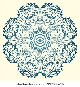 Round Symmetrical Pattern. Mandala. Kaleidoscopic Design. Vector Illustration. Oriental Pattern. Indian, Moroccan, Mystic, Ottoman Motifs. Anti-Stress Therapy Pattern. Blue, milk color.