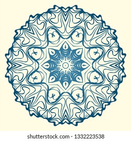 Round Symmetrical Pattern. Mandala. Kaleidoscopic Design. Vector Illustration. Oriental Pattern. Indian, Moroccan, Mystic, Ottoman Motifs. Anti-Stress Therapy Pattern. Blue, milk color.