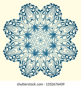 Round Symmetrical Pattern. Mandala. Kaleidoscopic Design. Vector Illustration. Oriental Pattern. Indian, Moroccan, Mystic, Ottoman Motifs. Anti-Stress Therapy Pattern. Blue, milk color.