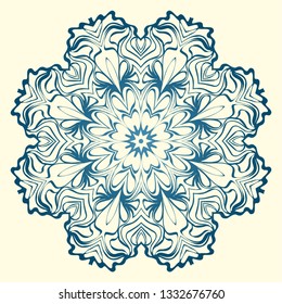 Round Symmetrical Pattern. Mandala. Kaleidoscopic Design. Vector Illustration. Oriental Pattern. Indian, Moroccan, Mystic, Ottoman Motifs. Anti-Stress Therapy Pattern. Blue, milk color.