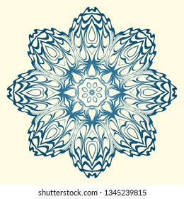 Round Symmetrical Pattern. Mandala. Kaleidoscopic Design. Vector Illustration. Oriental Pattern. Indian, Moroccan, Mystic, Ottoman Motifs. Anti-Stress Therapy Pattern. Blue, milk color.