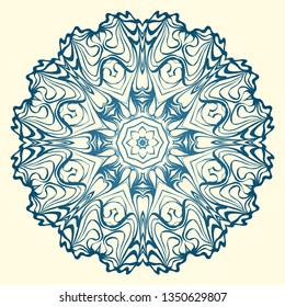 Round Symmetrical Pattern. Mandala. Kaleidoscopic Design. Vector Illustration. Oriental Pattern. Indian, Moroccan, Mystic, Ottoman Motifs. Anti-Stress Therapy Pattern. Blue, milk color.