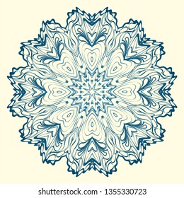 Round Symmetrical Pattern. Mandala. Kaleidoscopic Design. Vector Illustration. Oriental Pattern. Indian, Moroccan, Mystic, Ottoman Motifs. Anti-Stress Therapy Pattern. Blue, milk color.