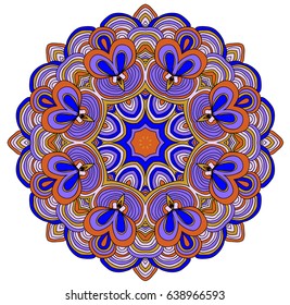 Round symmetrical pattern in orange and blue colors. Mandala. Kaleidoscopic design. Mandala. Yoga.