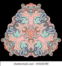 Round symmetrical pattern in peach and blue colors. Mandala. Kaleidoscopic design.