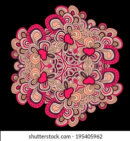 Round symmetrical pattern in pink colors. Mandala. Kaleidoscopic design.