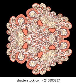 Round symmetrical pattern in pink colors. Mandala. Kaleidoscopic design. St. Valentine day.