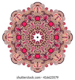 Round symmetrical pattern in pink colors. Mandala. Kaleidoscopic design.