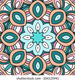 Round symmetrical pattern in pink, green, blue and white colors. Mandala. Kaleidoscopic design.