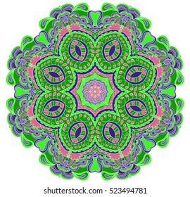 Round symmetrical pattern in pink, green and white colors. Mandala. Kaleidoscopic design. Sacred geometry. Cinco de mayo. Ethnic background.