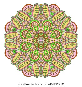 Round symmetrical pattern in pink, green, yellow and white colors. Mandala. Kaleidoscopic design.