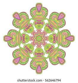 Round symmetrical pattern in pink, green and white colors. Mandala. Kaleidoscopic design. Sacred geometry. Cinco de mayo. Ethnic background.
