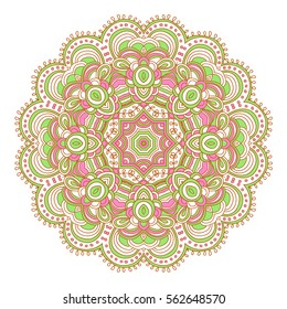 Round symmetrical pattern in pink, green and brown colors. Mandala. Kaleidoscopic design. Sacred geometry. Cinco de mayo. Ethnic background.