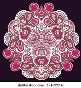 Round symmetrical pattern in pink and grey colors. Mandala. Kaleidoscopic design.