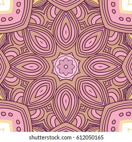 Round symmetrical pattern in pink and white colors. Mandala. Kaleidoscopic design.