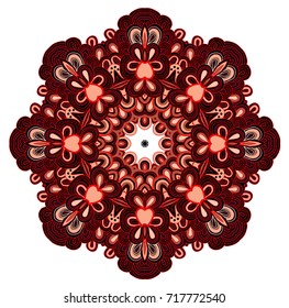 Round symmetrical pattern in red and black colors. Mandala. Kaleidoscopic design. Yoga. Sacred geometry.