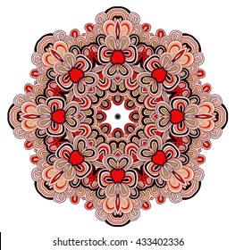 Round symmetrical pattern in red colors. Mandala. Kaleidoscopic design. Yoga. Sacred geometry.