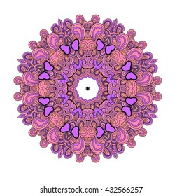 Round symmetrical pattern in violet colors. Mandala. Kaleidoscopic design.