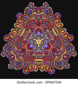 Round symmetrical pattern in violet, red, yellow and black colors. Mandala. Kaleidoscopic design. Cinco de mayo