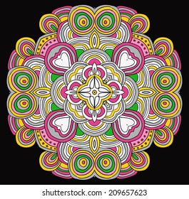 Round symmetrical pattern in yellow, green and pink colors. Mandala. Kaleidoscopic design.
