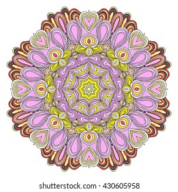 Round symmetrical pattern in yellow, pink and blue colors. Mandala. Kaleidoscopic design.