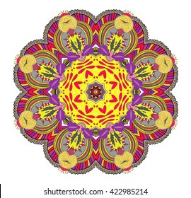 Round symmetrical pattern in yellow and violet colors. Mandala. Kaleidoscopic design. Mandala. Yoga.